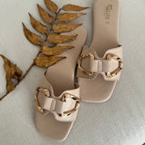 Beige sandals with gold buckles on a light gray surface with a leafy branch.
